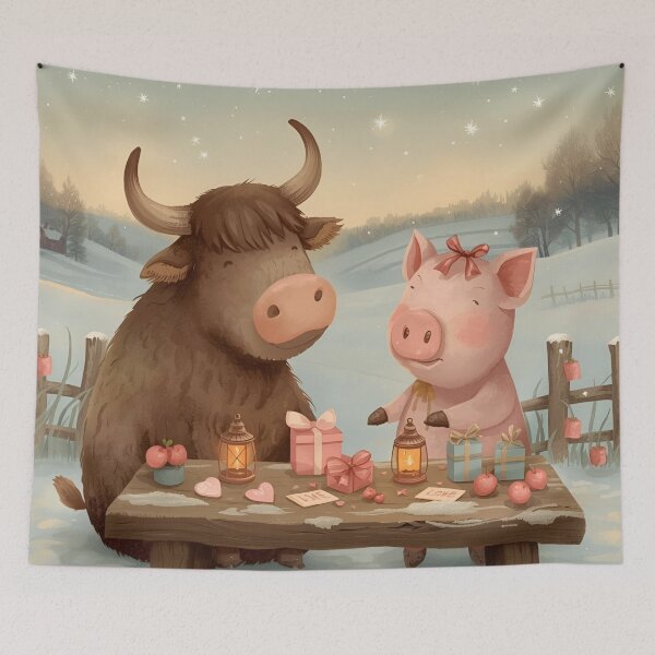 Item preview, Valentine’s Ox & Pig Couple • Whimsical Countryside Heart Prep Art designed and sold by WildlifeWhimsy.