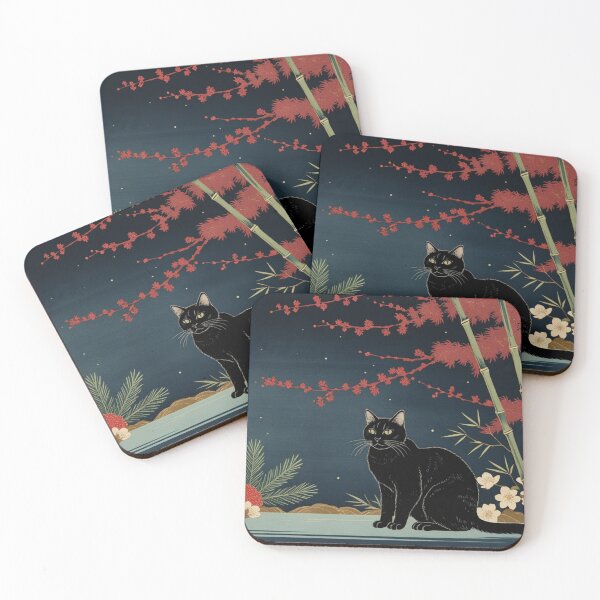 Item preview, Hanafuda Style Black Cat – Night Colors (Pine Bamboo Plum) designed and sold by LEO'S CREATURE　れおずくりーちゃー.