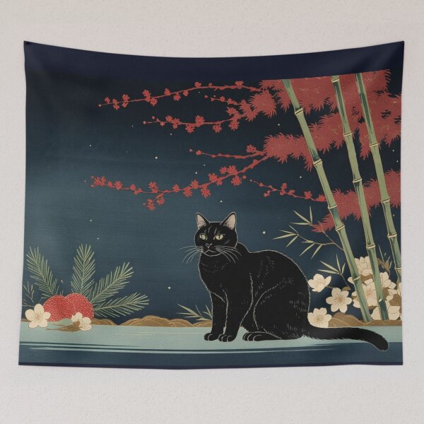 Item preview, Hanafuda Style Black Cat – Night Colors (Pine Bamboo Plum) designed and sold by LEO'S CREATURE　れおずくりーちゃー.