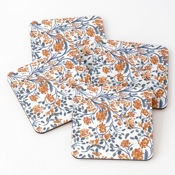 Item preview, Henna inspired flowering vine in Navy Blue and orange blossoms designed and sold by Frostie88.