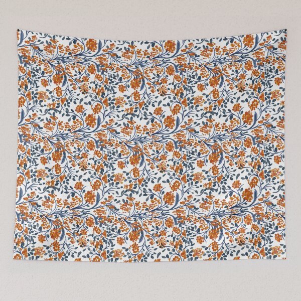 Item preview, Henna inspired flowering vine in Navy Blue and orange blossoms designed and sold by Frostie88.