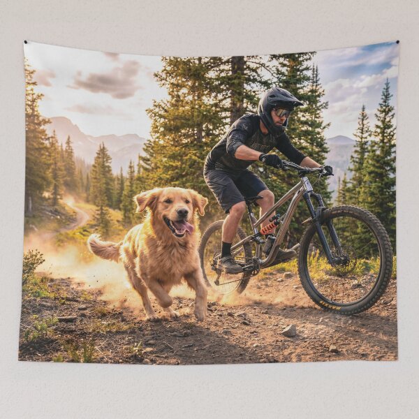 Item preview, Trail Dog and Downhill MTB Rider – Riding Wild Alpine Singletrack. designed and sold by Hinson MTB Visuals.