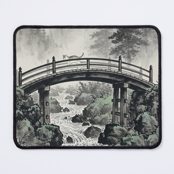 Item preview, Zen Journey: Cat on a Traditional Japanese Bridge - Sumi-e Ink Art designed and sold by nori0711.