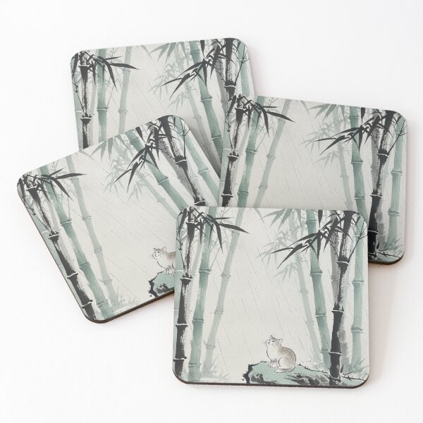 Item preview, Zen Cat in Bamboo Rain - Traditional Japanese Sumi-e Ink Art designed and sold by nori0711.