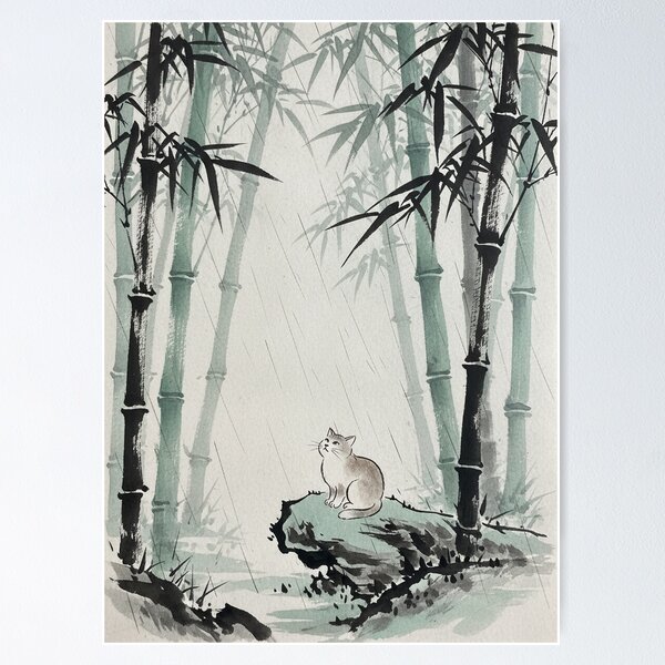 Item preview, Zen Cat in Bamboo Rain - Traditional Japanese Sumi-e Ink Art designed and sold by nori0711.