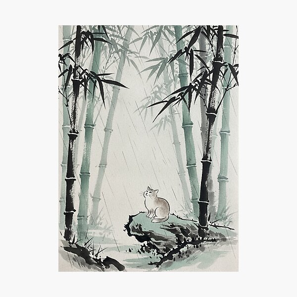 Item preview, Zen Cat in Bamboo Rain - Traditional Japanese Sumi-e Ink Art designed and sold by nori0711.