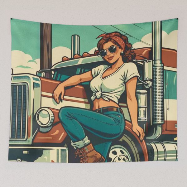 Item preview, Hello Mother Trucker – Retro Pin-Up Woman & Classic Semi Truck Illustration designed and sold by Mo & Ko Design.