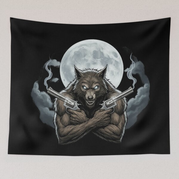 Item preview, Badass Werewolf Gunslinger - Dual Smoking Revolvers & Full Moon designed and sold by Gothic Fantasy.