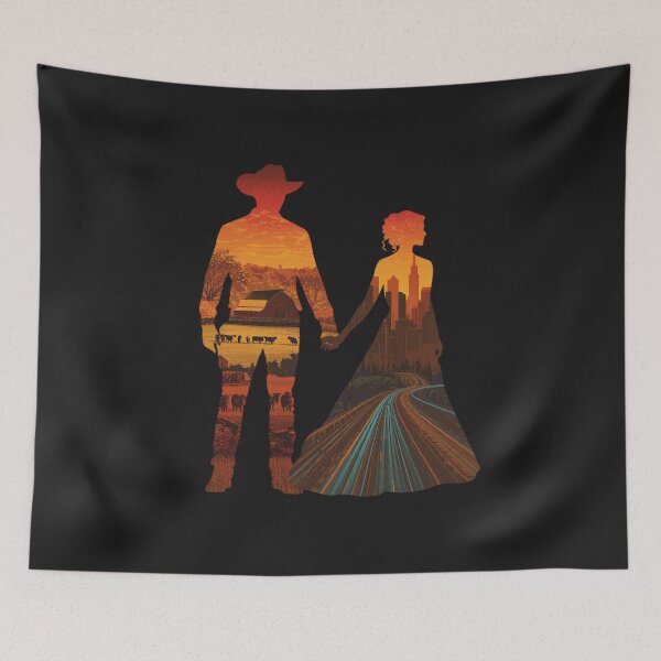Item preview, Country Meets City Couple Silhouette Art, Rural Urban Love Sunset Print, Opposites Attract Wall Decor designed and sold by TitanRN.