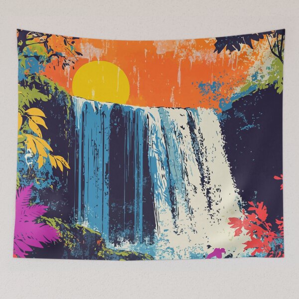 Aperçu de l'œuvre Illustration minimaliste d'un paysage rétro de cascade tropicale créée et vendue par LVTFCOarts.