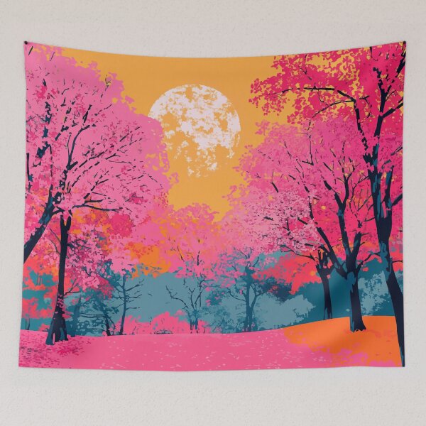 Aperçu de l'œuvre Illustration minimaliste d'un paysage printanier au coucher du soleil sur des cerisiers en fleurs (Sakura) créée et vendue par LVTFCOarts.