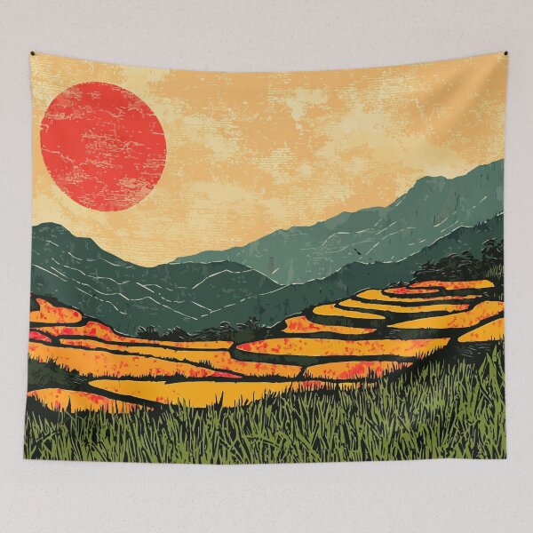 Aperçu de l'œuvre Rizières sereines, paysage asiatique, nature, illustration minimaliste créée et vendue par LVTFCOarts.