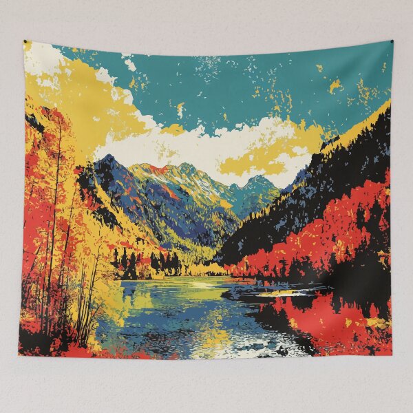 Aperçu de l'œuvre Arbres d'automne au bord d'un lac de montagne, paysage naturel, illustration minimaliste créée et vendue par LVTFCOarts.