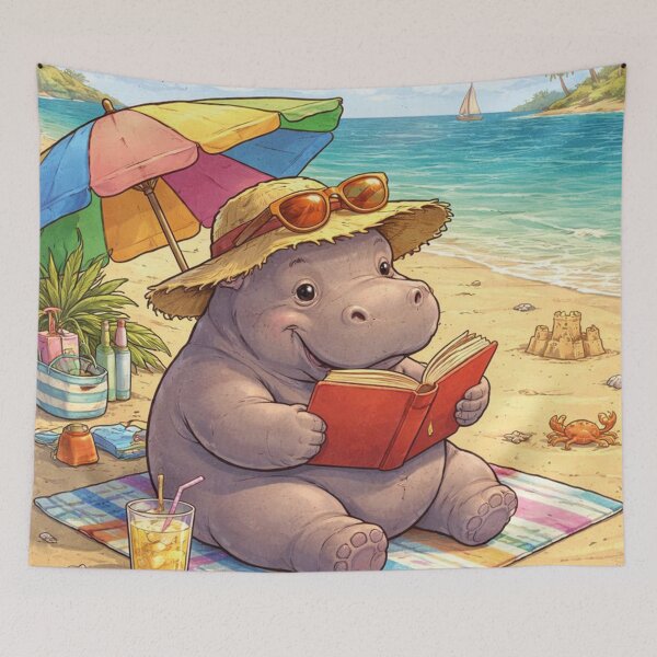 Item preview, Funny hippo reads on the beach designed and sold by Mauswohn.