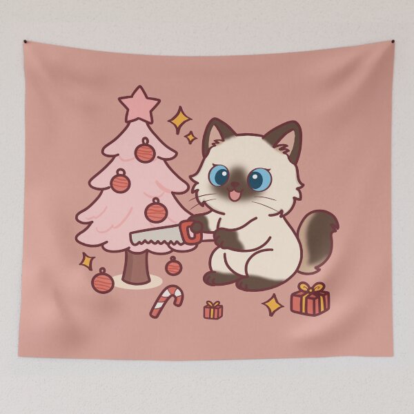 Item preview, Cute Ragdoll Cat Decorating a Pastel Pink Christmas Tree designed and sold by BGMeYou.