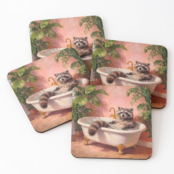 Item preview, Raccoon Bubble Bath Painting – Cute Raccoon in Vintage Clawfoot Tub, Tropical Bathroom Art designed and sold by digitalbitcraft.