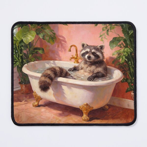 Item preview, Raccoon Bubble Bath Painting – Cute Raccoon in Vintage Clawfoot Tub, Tropical Bathroom Art designed and sold by digitalbitcraft.