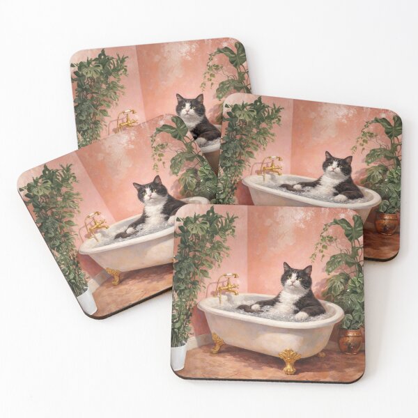 Item preview, Whimsical  Painting of Tuxedo Cat Bubble Bath in Vintage Clawfoot Tub, Tropical Bathroom Art designed and sold by digitalbitcraft.