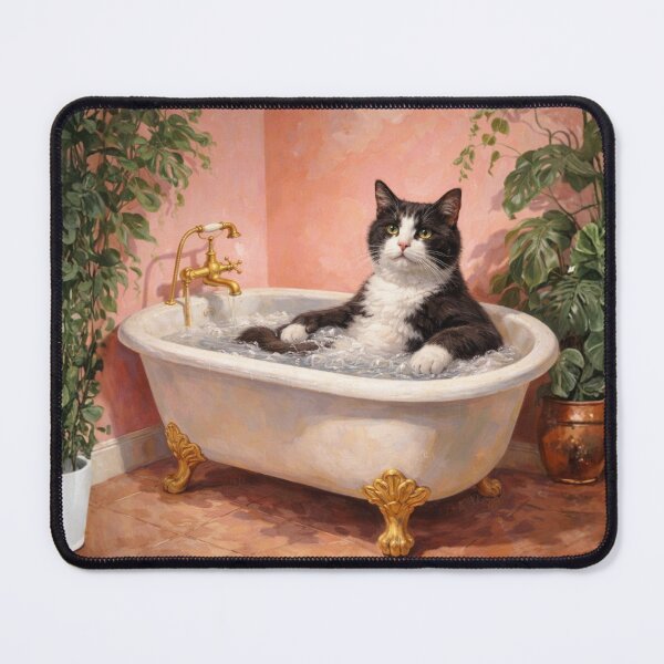 Item preview, Whimsical Painting of Tuxedo Cat Bubble Bath in Vintage Clawfoot Tub, Tropical Bathroom Art designed and sold by digitalbitcraft.