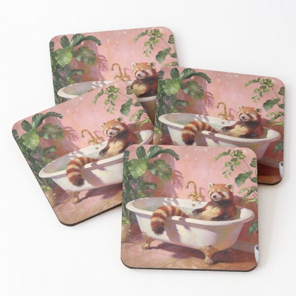 Item preview, Red Panda Bubble Bath Painting – Cute Red Panda in Vintage Clawfoot Tub, Tropical Pink Bathroom Art designed and sold by digitalbitcraft.