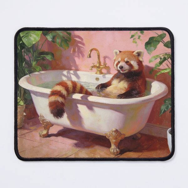 Item preview, Red Panda Bubble Bath Painting – Cute Red Panda in Vintage Clawfoot Tub, Tropical Pink Bathroom Art designed and sold by digitalbitcraft.