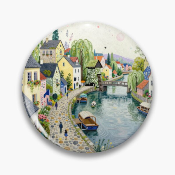 Item preview, Whimsical Riverside Village Detailed Folk Art with Dotted Path & Patterned River designed and sold by graphicsangels.