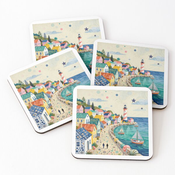 Item preview, Coastal Village Panorama Patterned Boats & Lighthouse Folk Art designed and sold by graphicsangels.