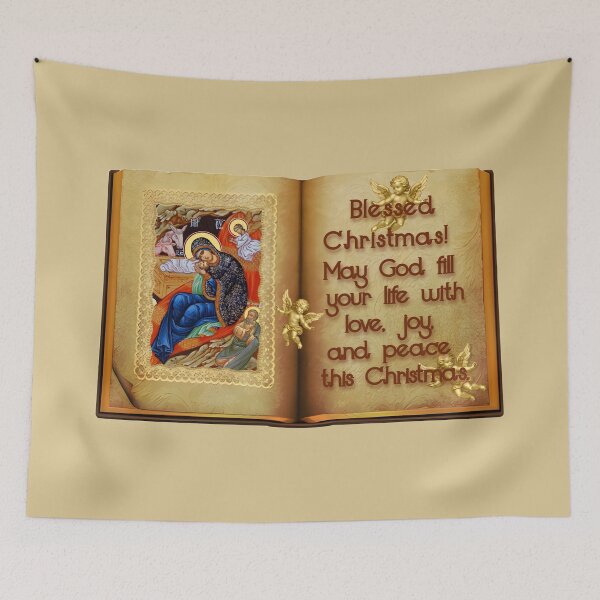 Item preview, Christmas wishes on an antique book with an icon of the Nativity of Christ and angels designed and sold by orthodox-icon.