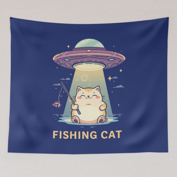 Item preview, Kawaii Fishing Cat Abducted by Alien UFO – Cute Space Cat Illustration designed and sold by Tomasz  Siennicki.