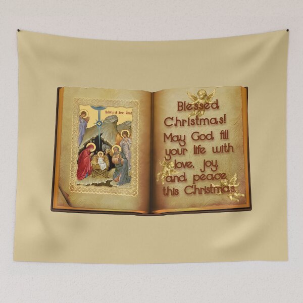 Item preview, Christmas card, Christmas wishes on an antique book with an icon of the Nativity of Christ and angels designed and sold by orthodox-icon.