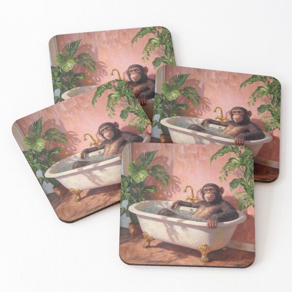 Item preview, Chimpanzee Bubble Bath Painting – Cute Chimp in Vintage Clawfoot Tub, Tropical Pink Bathroom Art designed and sold by digitalbitcraft.