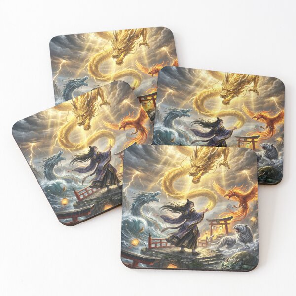 Item preview, Summoner of the Five Divine Beasts — Golden Dragon, Azure Serpent, Vermilion Phoenix, White Tiger & Black Tortoise | Japanese Myth Art | Mori no Akari designed and sold by Mori-no-Akari.