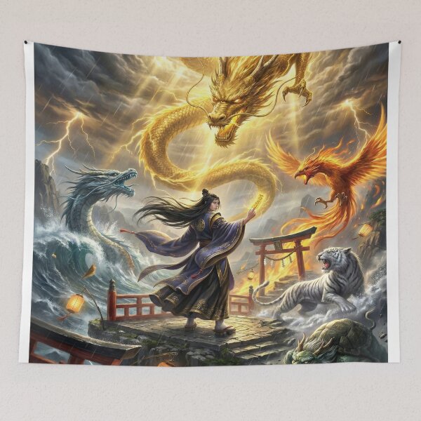 Item preview, Summoner of the Five Divine Beasts — Golden Dragon, Azure Serpent, Vermilion Phoenix, White Tiger & Black Tortoise | Japanese Myth Art | Mori no Akari designed and sold by Mori-no-Akari.