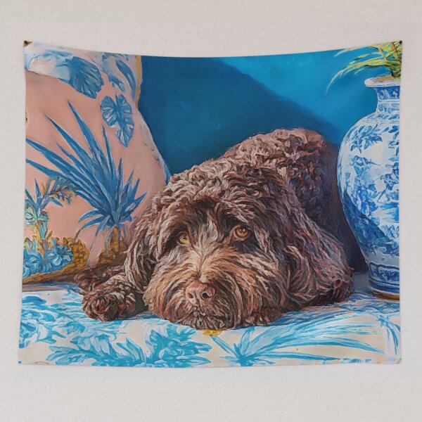 Item preview, Chocolate cockapoo dog in indigo room designed and sold by SophieClimaArt.