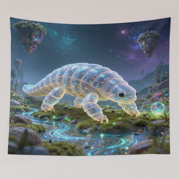 Item preview, Giant Tardigrade Wanderer – cosmic fantasy creature in glowing surreal landscape full of magic designed and sold by FotoworldEdel.