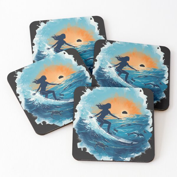 Item preview, Surfer Girl Silhouette Sunset Wave with Dolphins and Sea Turtles designed and sold by TitanRN.