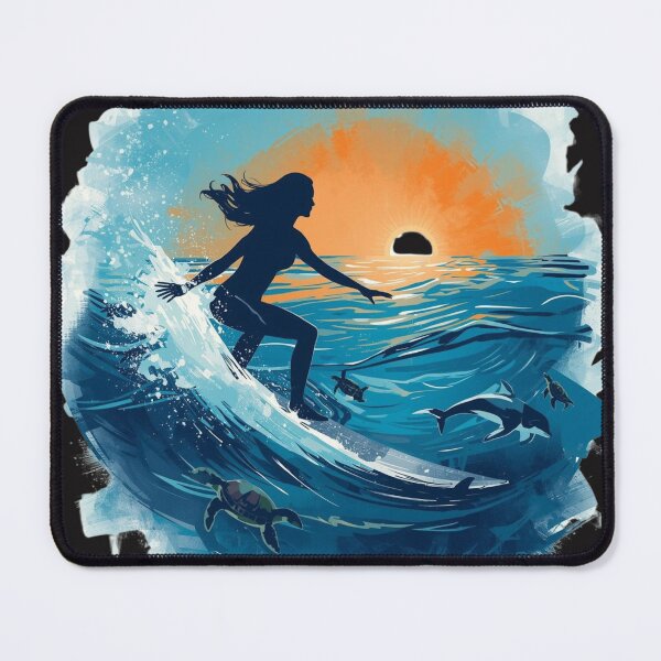 Item preview, Surfer Girl Silhouette Sunset Wave with Dolphins and Sea Turtles designed and sold by TitanRN.