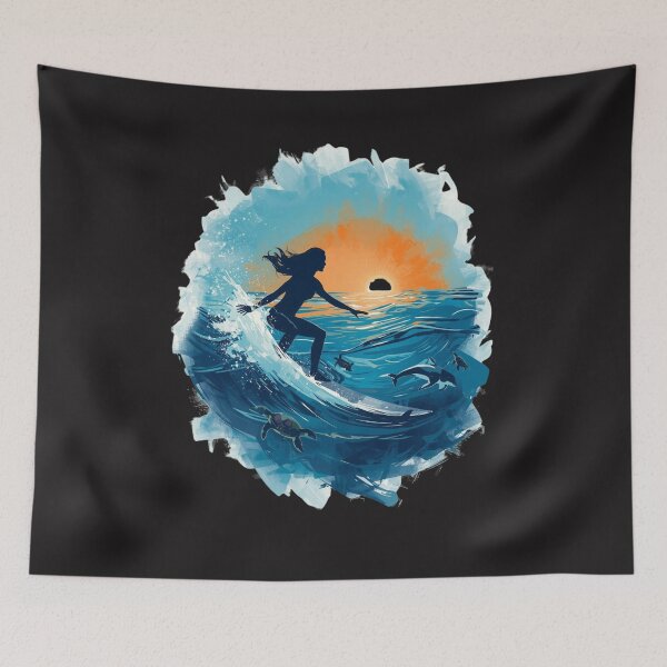 Item preview, Surfer Girl Silhouette Sunset Wave with Dolphins and Sea Turtles designed and sold by TitanRN.