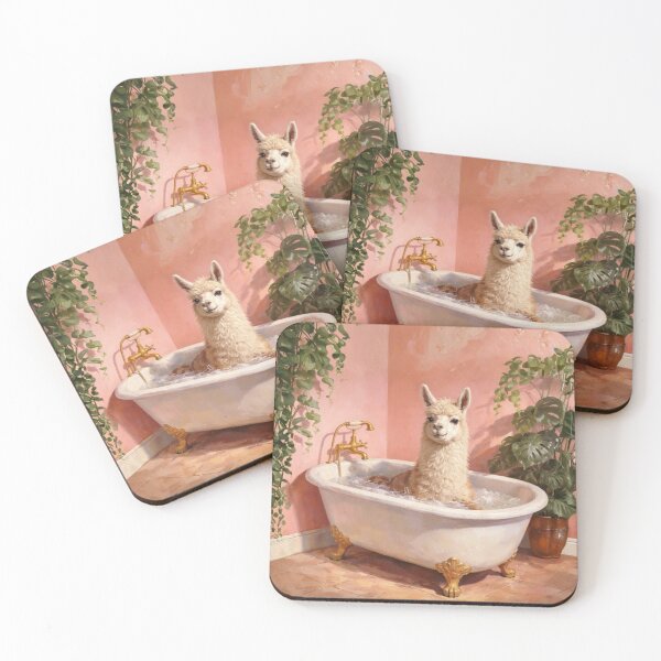 Item preview, Lama Bubble Bath Painting – Cute Lama in Vintage Clawfoot Tub, Tropical Pink Bathroom Art designed and sold by digitalbitcraft.