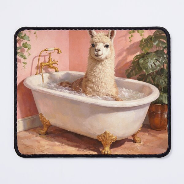 Item preview, Lama Bubble Bath Painting – Cute Lama in Vintage Clawfoot Tub, Tropical Pink Bathroom Art designed and sold by digitalbitcraft.