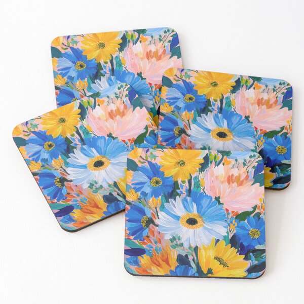 Item preview, Abstract floral splendor: Blue & yellow on pink designed and sold by ArtHouseNiklas.