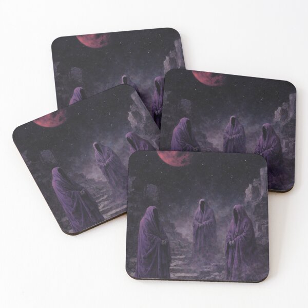 Item preview, Three Veiled Figures Beneath a Red Moon – Symbolic Dark Fantasy Oil Painting designed and sold by Visualynx.