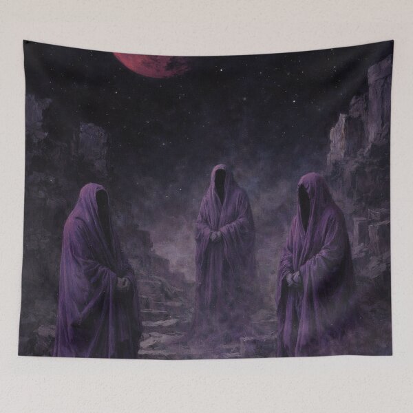 Item preview, Three Veiled Figures Beneath a Red Moon – Symbolic Dark Fantasy Oil Painting designed and sold by Visualynx.