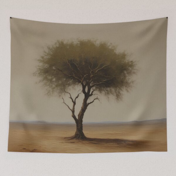 Item preview, Lonely Tree in Endless Desert – Minimalist Existential Oil Painting designed and sold by Visualynx.