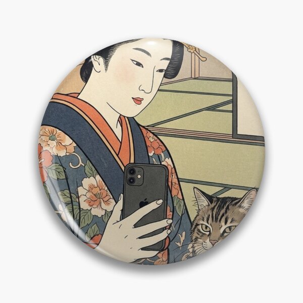 Item preview, Edo Period Selfie - Funny Ukiyo-e Woman and Cat Mashup designed and sold by nori0711.
