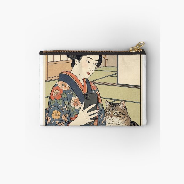 Item preview, Edo Period Selfie - Funny Ukiyo-e Woman and Cat Mashup designed and sold by nori0711.