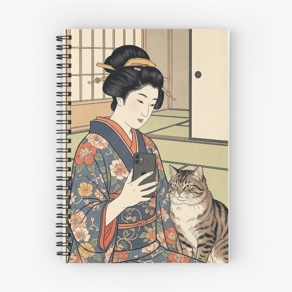 Item preview, Edo Period Selfie - Funny Ukiyo-e Woman and Cat Mashup designed and sold by nori0711.