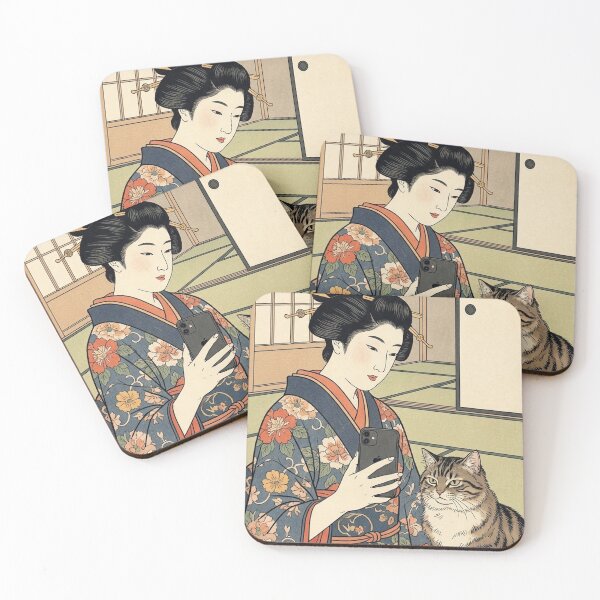 Item preview, Edo Period Selfie - Funny Ukiyo-e Woman and Cat Mashup designed and sold by nori0711.