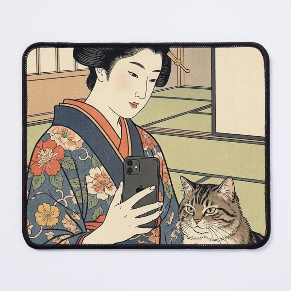 Item preview, Edo Period Selfie - Funny Ukiyo-e Woman and Cat Mashup designed and sold by nori0711.