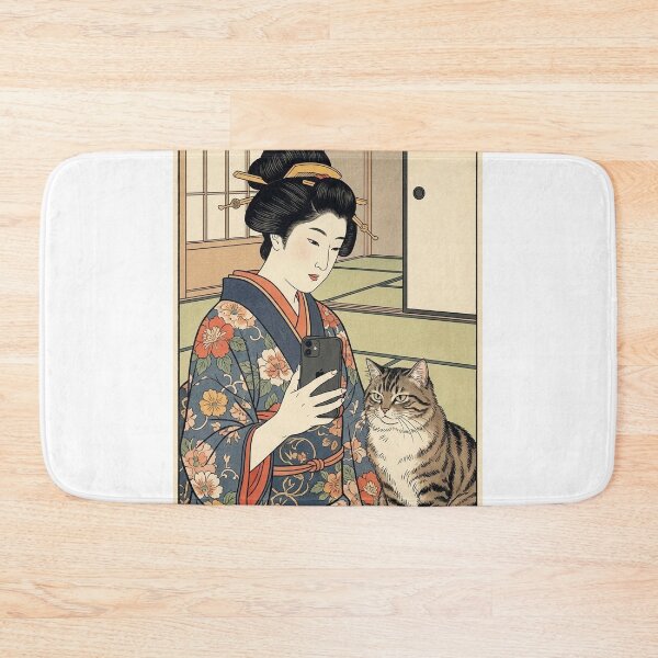 Item preview, Edo Period Selfie - Funny Ukiyo-e Woman and Cat Mashup designed and sold by nori0711.